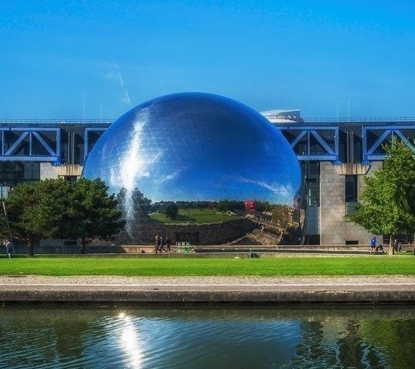 The Géode reflecting Parc de la Villette in Paris