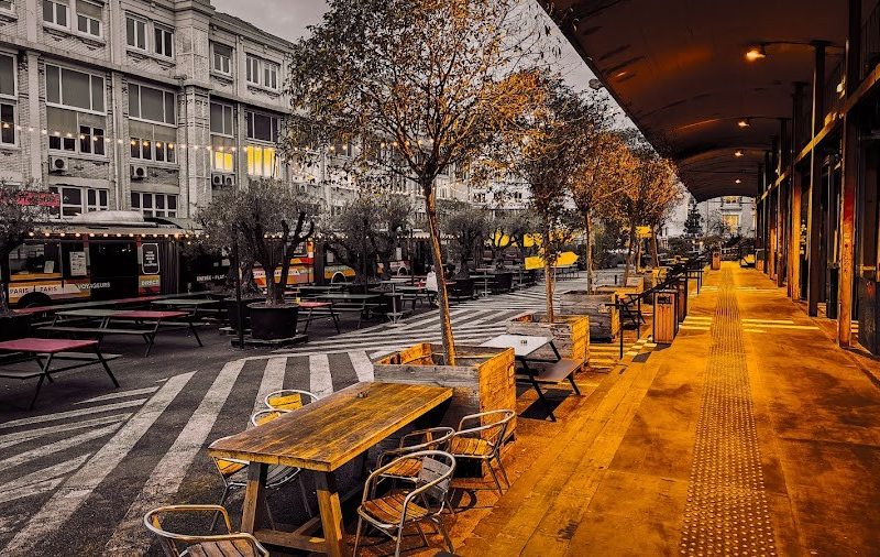 Quiet terrace in warm evening light in Paris
